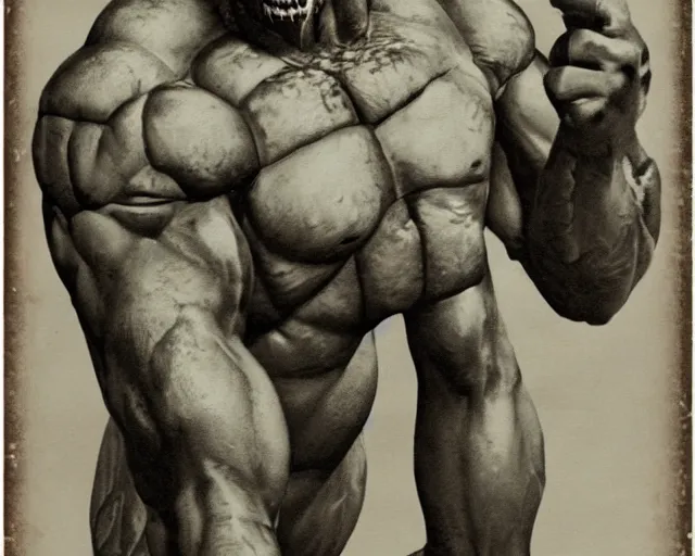 Image similar to realistic vintage photograph of a warrior ogre chieftain, tall, muscular, hulk like physique, sharp fangs and tusks, big arms, big hands, big feet, armored, tribal paint, highly detailed