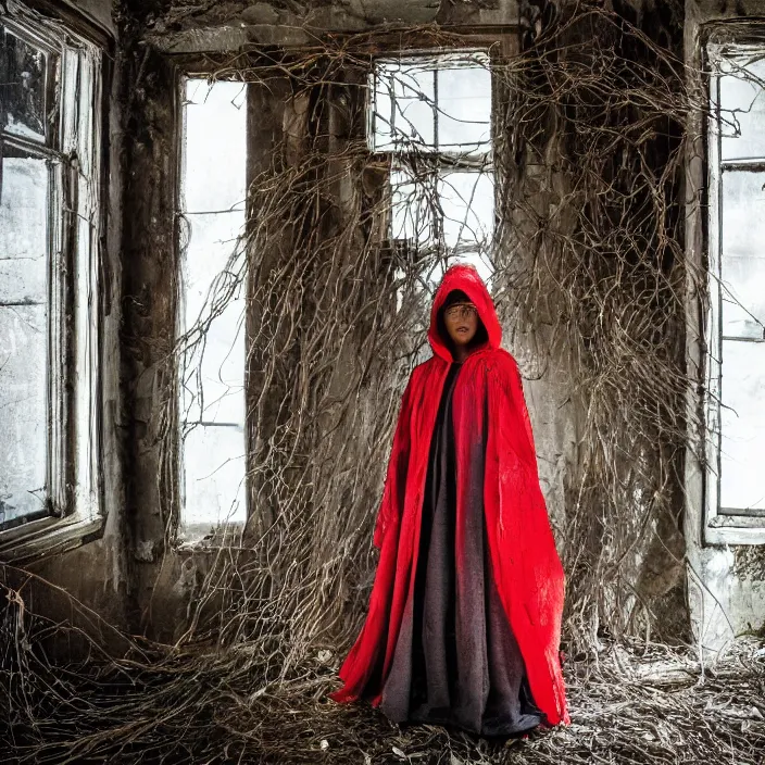 Prompt: a woman wearing a hooded cloak made of zinnias and barbed wire, in a derelict house, by Mario Testino, natural light, detailed face, CANON Eos C300, ƒ1.8, 35mm, 8K, medium-format print