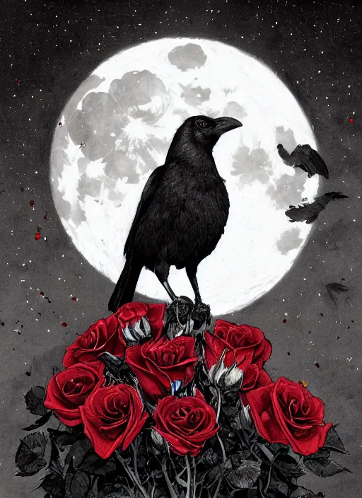 Image similar to portrait, A crow with red eyes in front of the full big moon, book cover, red roses, red white black colors, establishing shot, extremly high detail, foto realistic, cinematic lighting, pen and ink, intricate line drawings, by Yoshitaka Amano, Ruan Jia, Kentaro Miura, Artgerm, post processed, concept art, artstation, matte painting, style by eddie mendoza, raphael lacoste, alex ross