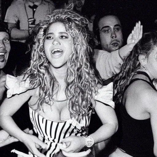 Image similar to Shakira dancing the cookie monster dance, in a nightclub, 1990 photograph