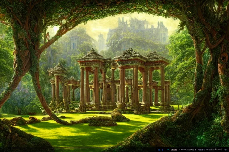 Prompt: a beautiful and highly detailed digital painting of an ancient palace in a beautiful garden in a mystical forest, celtic, intricate psychedelic patterns, epic scale, insanely complex, artstation, cgsociety, 8 k, sharp focus, hyperrealism, by caspar friedrich, albert bierstadt, james gurney, brian froud,