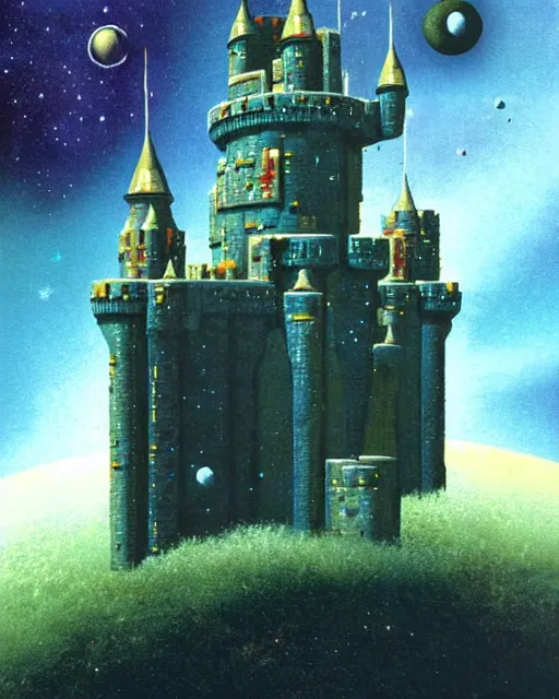 Image similar to a castle in outer space in the style of chris foss and rodger dean