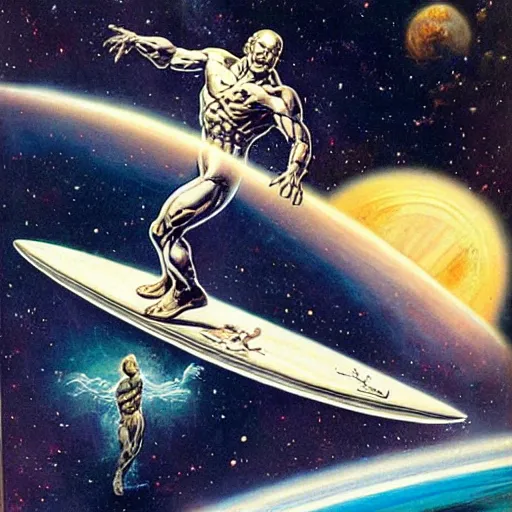 Image similar to Silver Surfer flying in his silver surfboard in space, by Frank Frazetta
