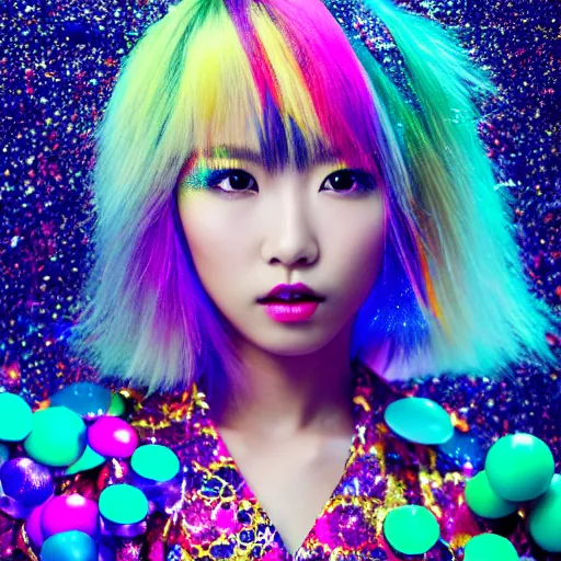 Image similar to japanese model with maximalist hair style and makeup, bright colors, fashion model, portrait shot, glitter, depth of field, 8 k, hyper detailed, intricate, trending on artstation