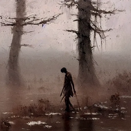 Image similar to painting by jakub rozalski of a muddy rooted humanoid creatures