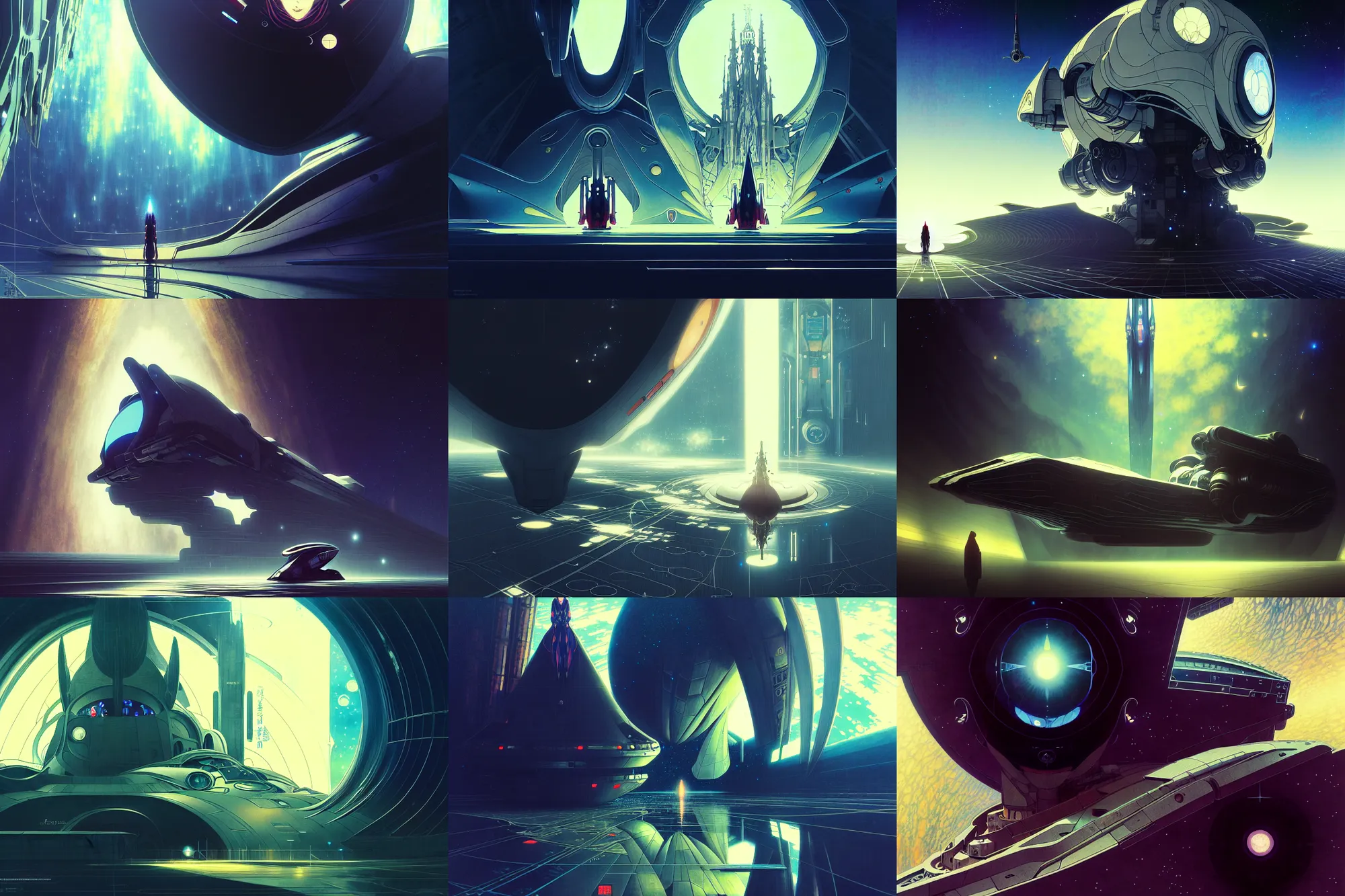 Prompt: anime visual, exterior portrait of a spaceship floating in the void, gothic architecture, craig mullins, dieter rams, jean giraud, sparth, gustav klimt, all seeing eyeomni magazine, mecha, zaha hadid, mysticism, alphonse mucha, yoshinari yoh