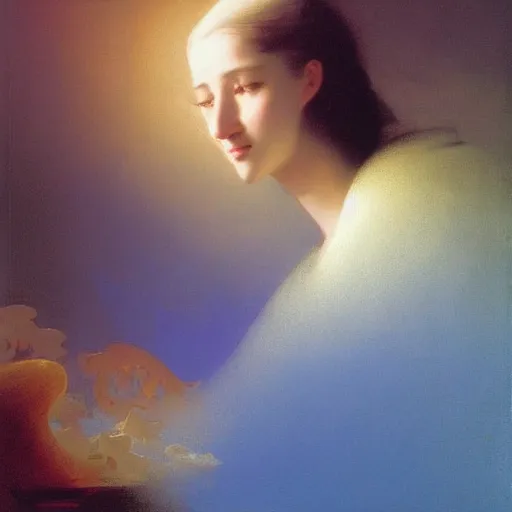 Image similar to young woman's face, her hair is white and she wears a cobalt blue duchesse satin cloak, by ivan aivazovsky and syd mead and moebius and roger dean and aelbert cuyp and willem claesz and pieter claesz and paul delaroche and alma tadema, hyperrealistic, volumetric light, octane