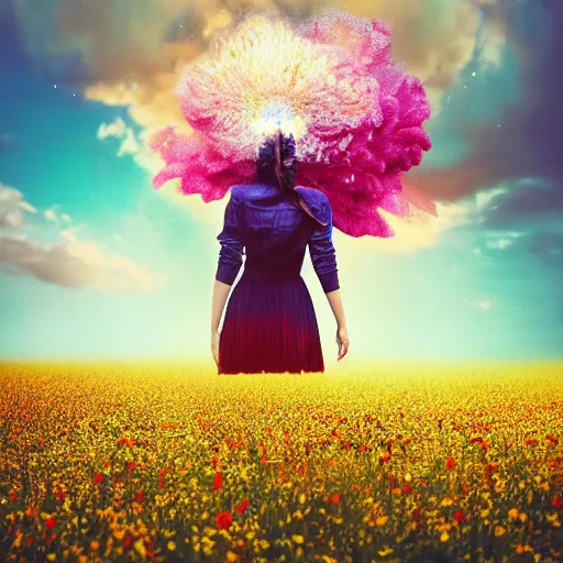 Image similar to girl with an exploding flower for a head, surreal photography, dream, standing in flower field, magical, in a valley, sunrise dramatic light, impressionist painting, colorful clouds, artstation, simon stalenhag, flower face