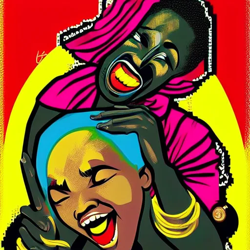 Image similar to mama africa laugh at her child!!! pop art, pixel, bioshock, gta chinatown, artgerm, richard hamilton, mimmo rottela, julian opie, aya takano, intricate, sharp focus, concept art, smooth