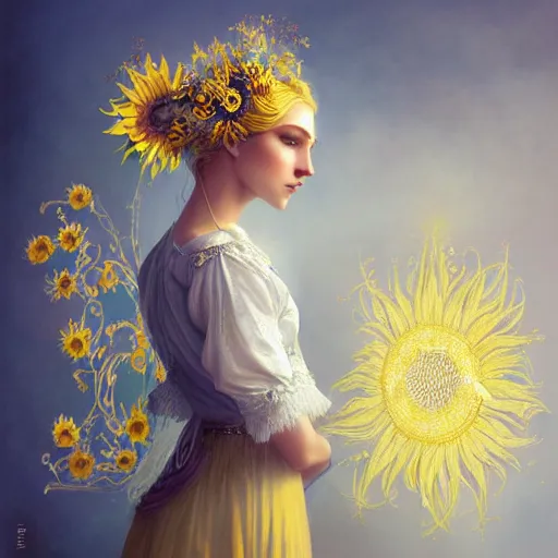 Image similar to blonde lady in white embroidered shirt, ukrainian national costume, filigree crown with blue and yellow textile embroidery sunflowers, intricate, elegant, digital painting, art nouveau, smooth, focus, rim light, charlie bowater, tom bagshaw, greg rutkowski