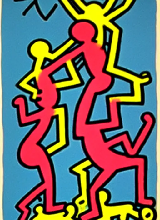 Image similar to image of beautyful female dancing with two dogs by keith haring,