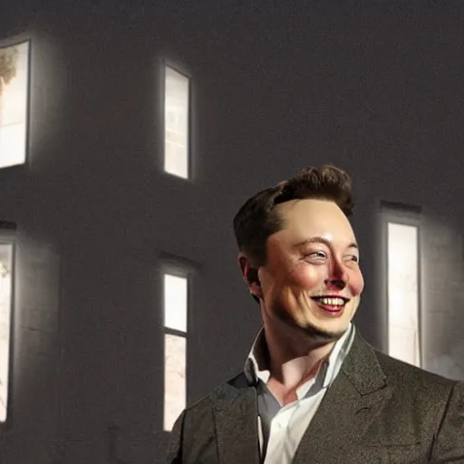 Image similar to photograph at night of elon musk smiling creepily through your bedrooms window, midnight, bedroom, dark outside, night sky, horror art,