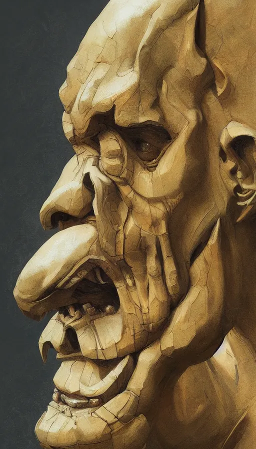 Image similar to wooden gargoyle profiles, paint texture, digital painting, highly detailed, artstation, sharp focus, sunlit, painted by ruan jia, raymond swanland, lawrence alma tadema, zdzislaw beksinski, norman rockwell, jack kirby, tom lovell, alex malveda, greg staples