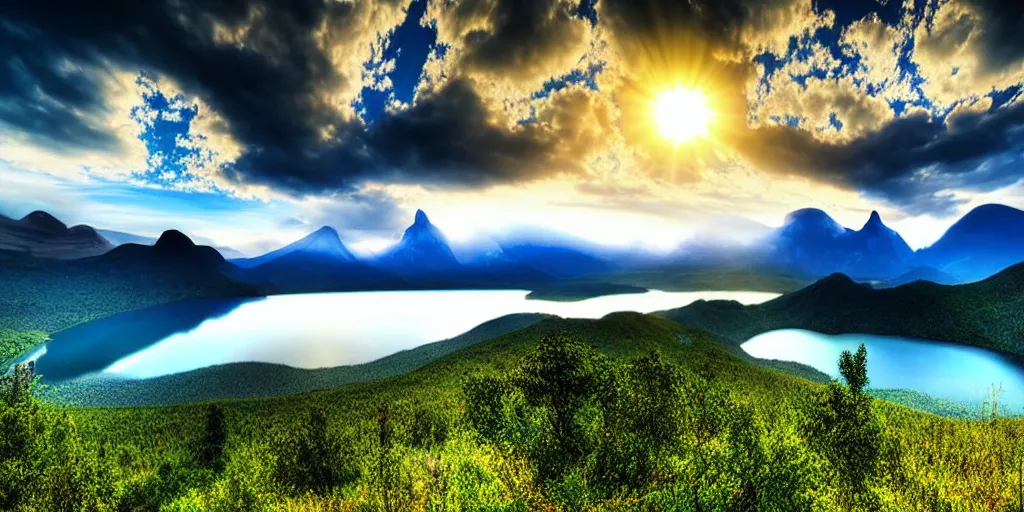 Prompt: a beautiful landscape, sun rises between two mountains, a lake in between the mountains, blue sky, cloudy, photograph, high resolution, extremely detailed, hyper realism
