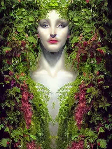 Image similar to The Hanging-Gardens of Pareidolia, lobelia, ivy, verbena and pothos growing facial features and optical-illusions, aesthetic!!!!!!!!!!!!!!!!!, by Chris Tulloch McCabe in the style of Gerald Brom,