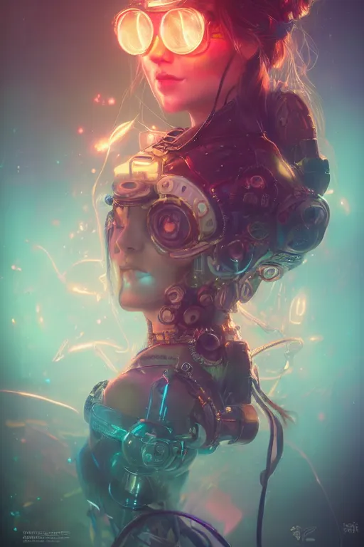 Image similar to portrait of a psychedelic steampunk girl with biotechnical parts and neon light by Artgerm and Greg Rutkowski , digital painting, highly detailed, trending on artstation