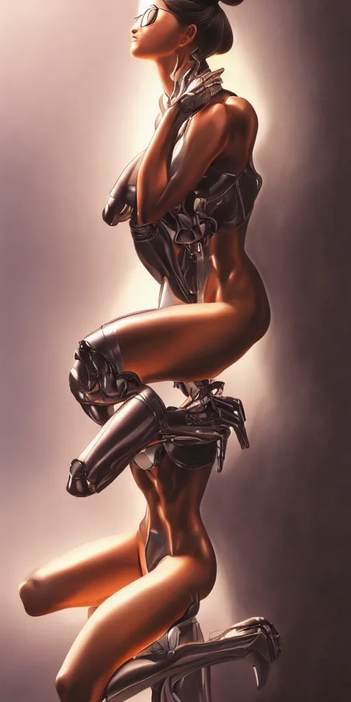 Image similar to beauty Alita woman sitting on a stool, dramatic lighting, mechanical details, electrical details, high details, 4k, 8k, trending on artstation, by Hajime Sorayama and Boris Vallejo