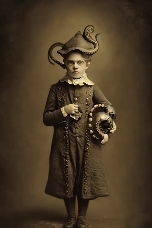 Prompt: wet plate photograph portrait of a victorian - era anthropomorphic octopus child dressed in a victorian - era clothing, dramatic lighting, highly detailed, digital painting, artstation, concept art, smooth, sharp focus, illustration, art by wlop, mars ravelo and greg rutkowski