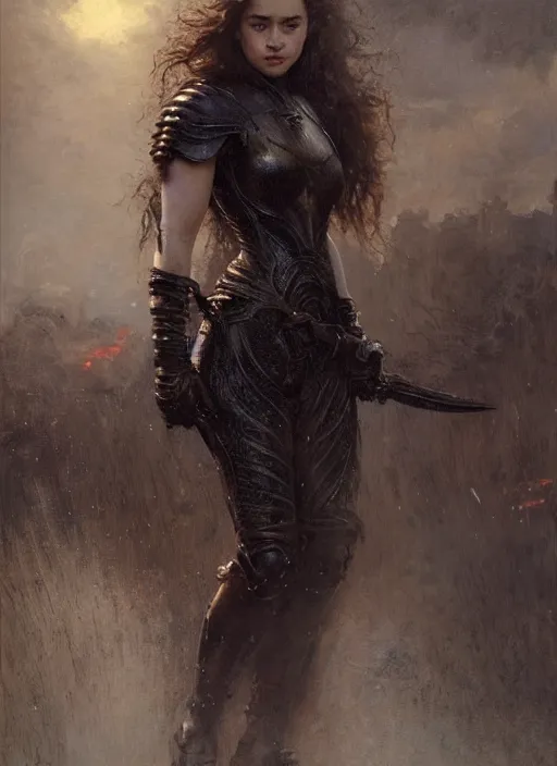 Image similar to young beautiful mischievous rredhead emilia clarke full body wearing black medieval armour, detailed, by gaston bussiere, bayard wu, greg rutkowski, giger, maxim verehin, greg rutkowski, masterpiece, sharp focus, cinematic lightning