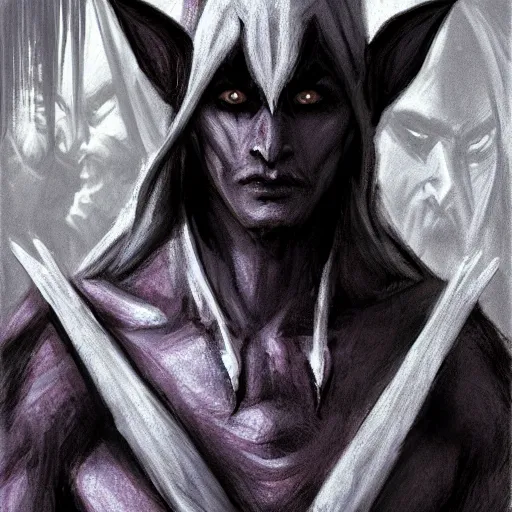 Prompt: xenvas xerulas, a dark drow elf blackguard / sorcerer ; photorealistic portrait, character art, character concept art, medium shot, concept art, hd, hd face close - up portrait, high detail, in the style of wayne reynolds and steve prescott ( rottface ) and jeffrey catherine jones