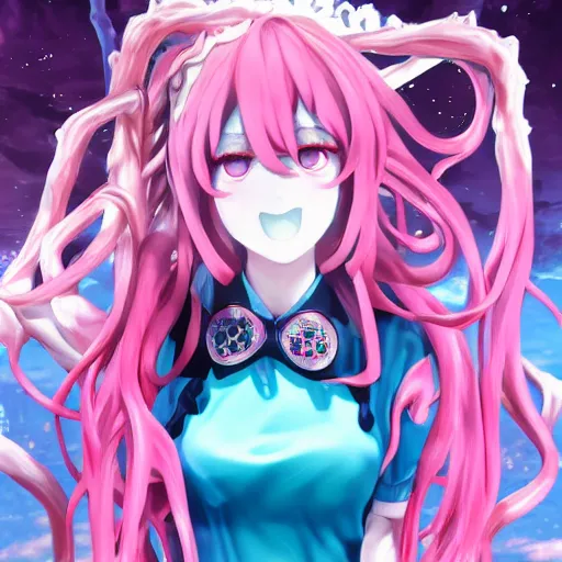 Image similar to trapped beneath stunningly absurdly beautiful omnipotent asi goddess junko enoshima with multiple mesmerizing yandere megalomaniacal personalities, symmetrical perfect face, porcelain skin, pink twintail hair and cyan eyes, ultra detailed, digital art, unreal engine 5, octane render, 2 d anime, 8 k