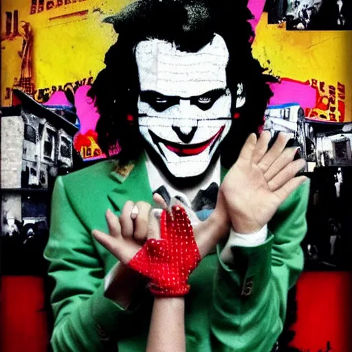 Image similar to mimmo rottela and banksy as joaquin phoenix skinny joker holding hand lady gaga harley queen, photorealistic, intricate details, pop art style, concept art, details proportional, random object movement, 3 colors, 4 k, 4 d, ultra smooth, sharp focus