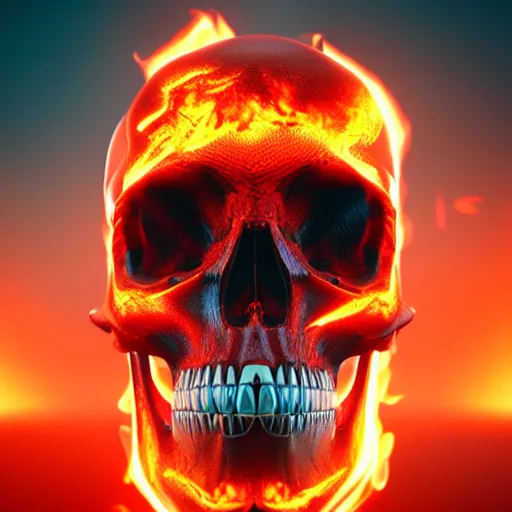Prompt: a highly detailed human skull on fire in front of a glowing red background, 3 d, fire through eyes, octane render, symmetrical, hyper realism, highly detailed, digital art, artstation, concept art, cinematic lighting, strong bokeh, trending