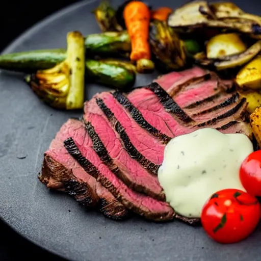 Prompt: delicious 3 2 mm zoomed in adversities photography of a large smoked and seasoned steak well done, with a side seasoned grilled vegetables top in a creamy mozzarella cheese sauce, on a hot platter, very delicious