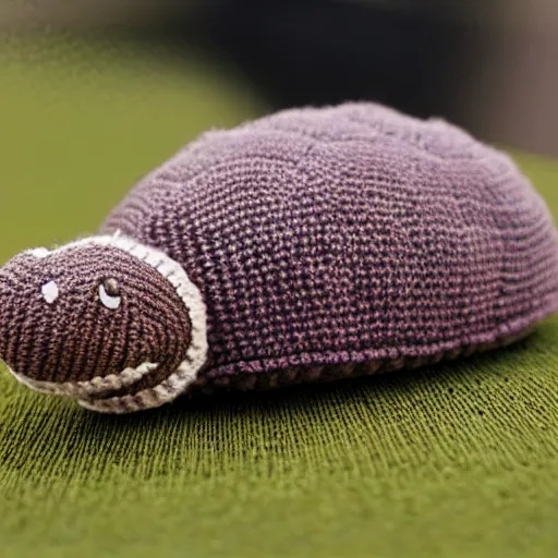 Image similar to a closeup photorealistic smiling knitted tortoise.