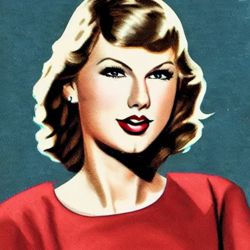 Image similar to “Taylor Swift portrait, color vintage magazine illustration 1950”