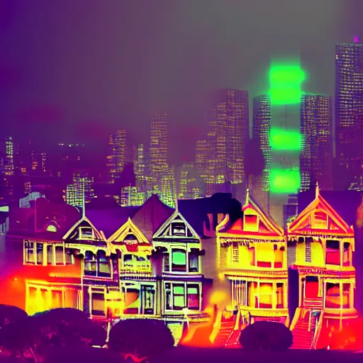 Prompt: a photograph of the painted ladies in san francisco runes mythology foggy high contrast neon artstation cyberpunk dreamscape high definition