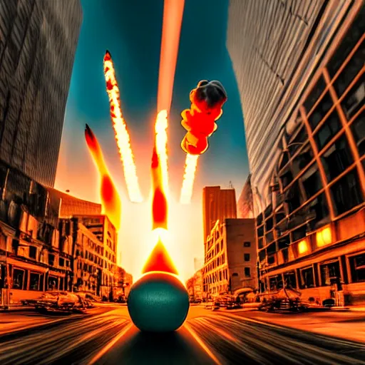 Image similar to centered action photography shot of extremely detailed hyper realistic thermonuclear bomb explosion in a city, professional film photography, 8 k, cinematic framing, cinematic lighting