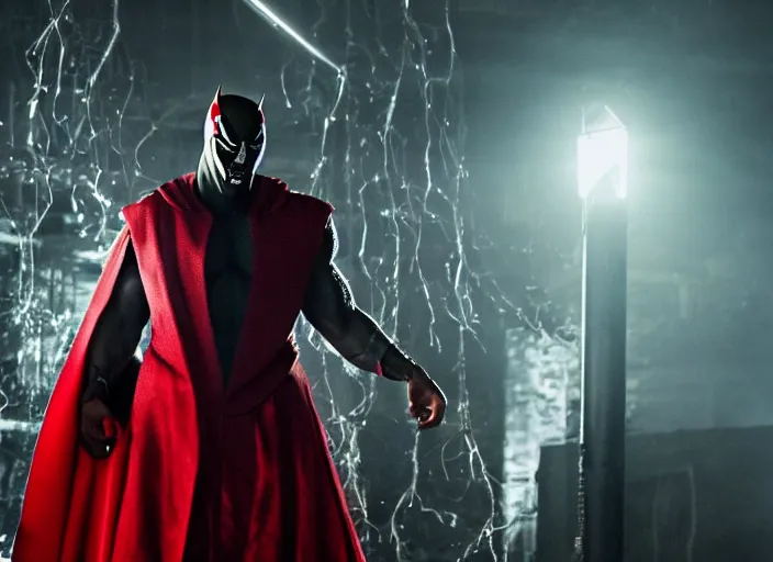 Image similar to film still of michael b jordan as spawn in the new spawn movie, giant chains, large cape, 8 k