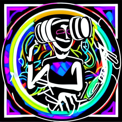 Image similar to svg sticker of a Dancing-Alex-Grey-Psychedelic-Rave-Man, at a rave, spinning records, giant headphones rocking out, wearing headphones, huge speakers, dancing, rave, DJ, spinning records, digital art, amazing composition, rule-of-thirds, award-winning, trending on artstation, featured on deviantart