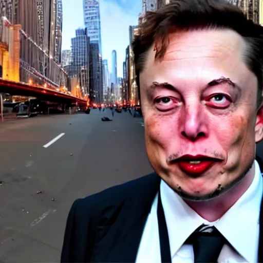 Image similar to bodycam footage of a homeless elon musk going crazy and scamming people, new york streets, wide angle, fisheye, uhd, 4 8 0 p, bodycam, paparazzi, bad quality, pov