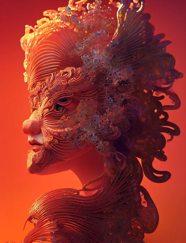 Image similar to 3 d goddess close - up profile portrait. beautiful intricately detailed japanese autumn fox mask and clasical japanese kimono. betta fish, jellyfish phoenix, bio luminescent, plasma, ice, water, wind, creature, artwork by tooth wu and wlop and beeple and greg rutkowski