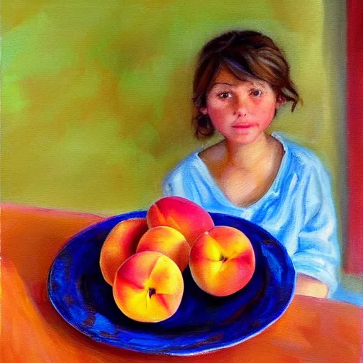 Image similar to girl in the background, table and plate of peaches in the foreground, natural light, oil painting style,