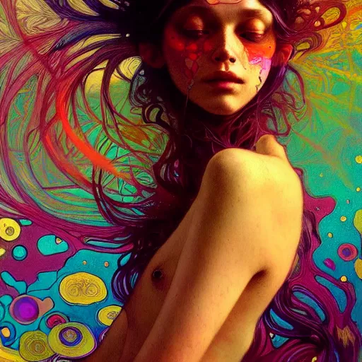 Image similar to A girl having an extremely colorful psychedelic experience, magic mushrooms, psilocybin, face, detailed, intricate, elegant, highly detailed, digital painting, artstation, concept art, smooth, sharp focus, illustration, art by Krenz Cushart and Artem Demura and alphonse mucha