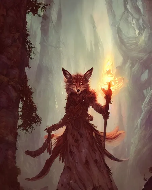 Image similar to Fox Shapeshifter Druid Mage, D&D, artstation, fantasy, magic the gathering artwork, cinematic lighting, centered, symmetrical, highly detailed, digital painting, , concept art, smooth, sharp focus, illustration, volumetric lighting, epic Composition, 8k, art by Akihiko Yoshida and Greg Rutkowski and Craig Mullins, oil painting, cgsociety