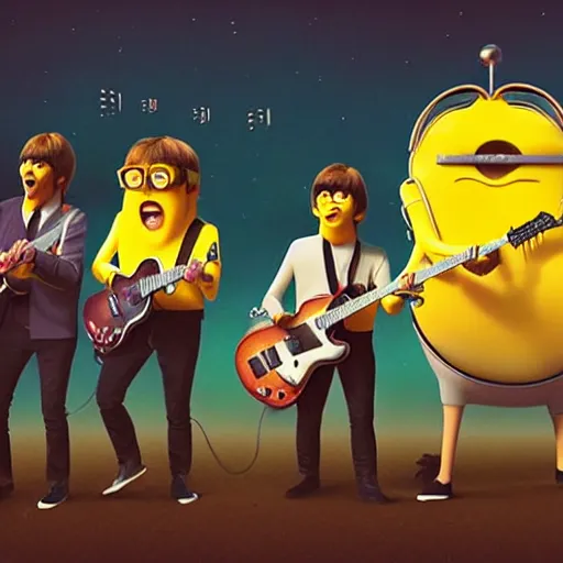 Image similar to the beatles performing with guitars, a giant yellow minion at background, sci fi, art by mike winkelmann, trending on cgsociety, retrofuturism, darksynth, sci - fi