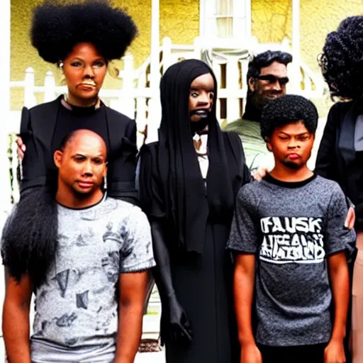 Image similar to the adams family but they're all black people