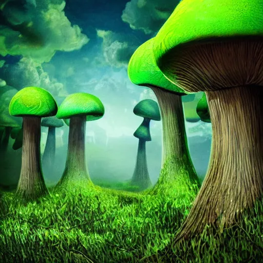 Prompt: giant mushroom forest, glowing green and blue, glowing eyes, tendrils