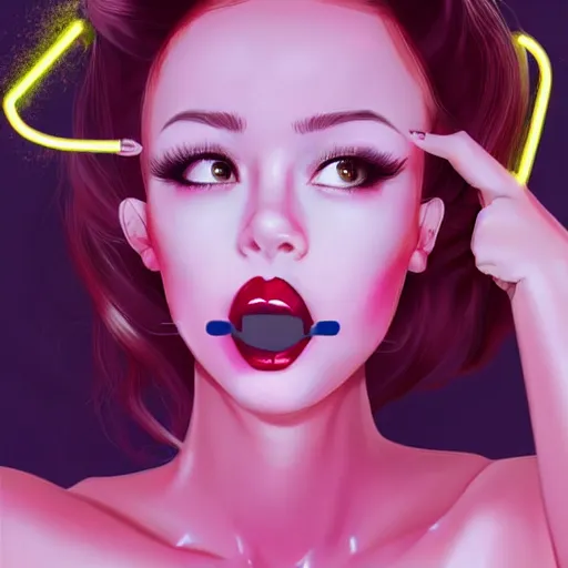 Image similar to confident woman, making a V sign hand gesture, hand on hip, gradient hair, heavy winged eyeliner, long fake lashes, overlined lipstick, subtle blush, mouth open with tongue sticking out, cross-eyed, in a neon lit sci-fi bar, trending on Artstation, digital art, in the style of artgerm and WLOP