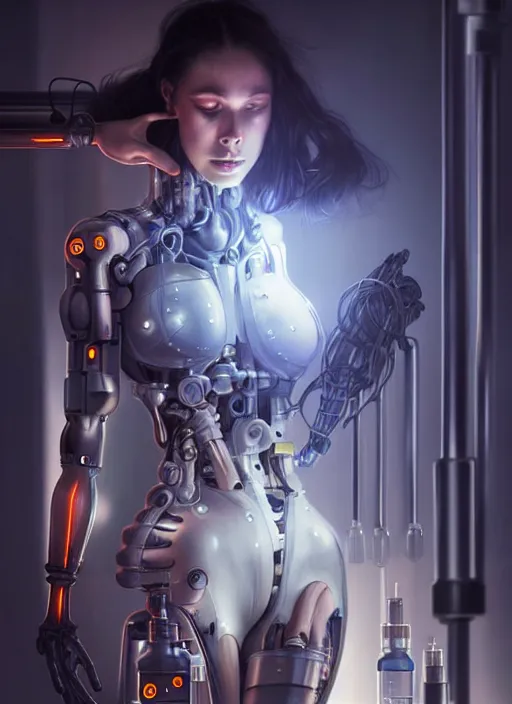 Prompt: Ultra realistic cyborg extreme beautiful woman in a chemical laboratory, cyberpunk,sci-fi, fantasy,Kodak , soft light, volumetric lighting, ,night, fog ,smoke, intricate, elegant, highly detailed, digital painting, artstation, concept art, smooth, sharp focus, illustration,art by artgerm and greg rutkowski and alphonse mucha