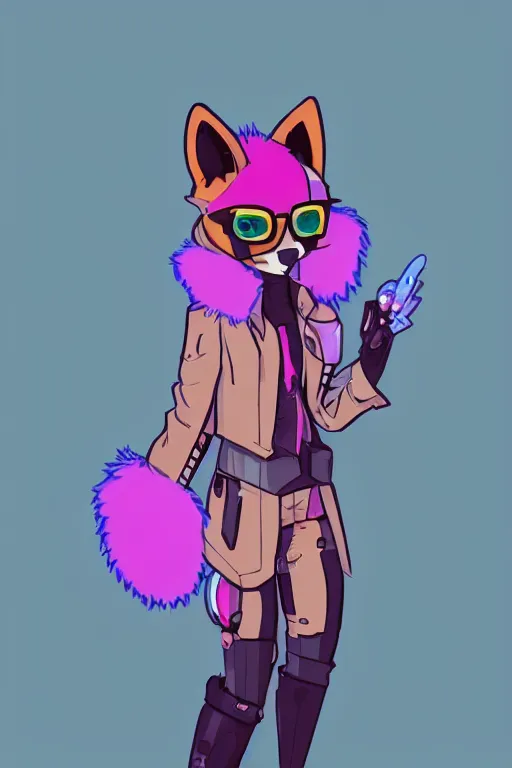 Image similar to a cute cyberpunk anthropomorphic fox with pink fur and blue eyes and a fluffy tail, comic art, trending on furaffinity, cartoon, kawaii, backlighting, furry art!!!, cel shading, concept art, lineless