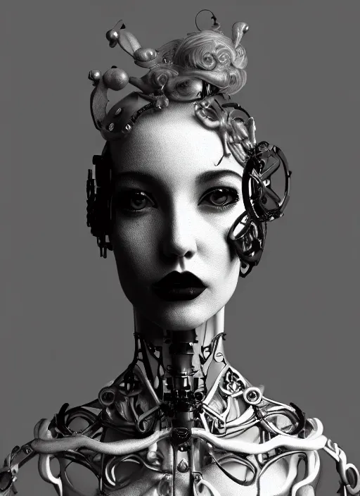 Image similar to black and white dreamy foggy poetic smoky profile face portrait, one silver steampunk realistic eye biomechanical beautiful angelic young female cyclope - cyborg - robot bust, body ribs meshes,, volumetric light, hibiscus flowers, by cecile beaton, rim light, big gothic fashion pearl embroidered collar, 8 k