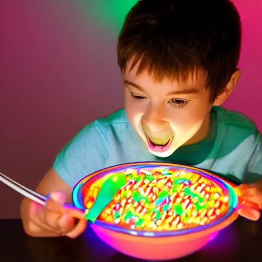 Prompt: kid eating bowl of RGB LEDs cereal with a spoon