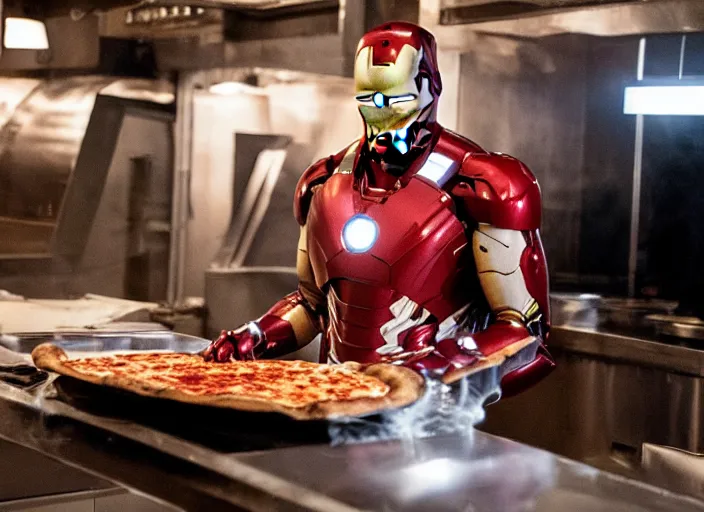 Prompt: film still of ironman working in a pizza parlor making pizza in the new avengers movie, 4 k