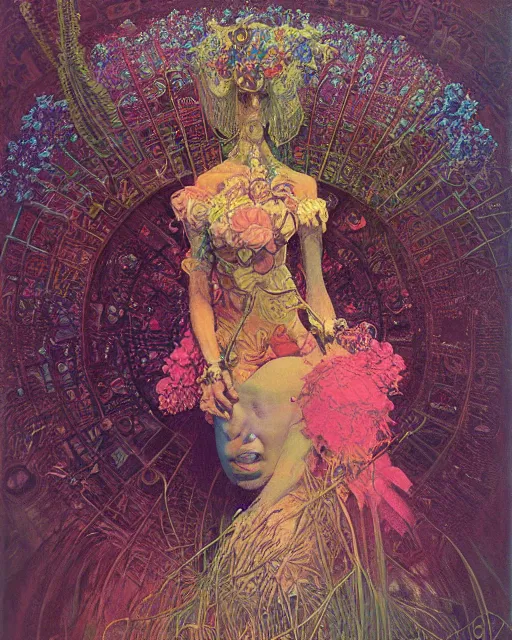 Image similar to flowerpunk portrait of a fierce old matriarch by paul lehr, beksinski, alphonse mucha