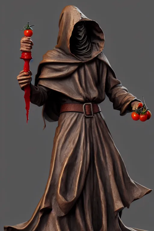 Image similar to a statue of a hooded cultist is holding a bloody knife in one hand and a tomato on the other, by patrick mcenvoy and michael komarck and fantasy flight, incredible quality, trending on artstation